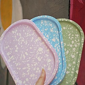 Lila Terrazzo Beton Döküm Oval Sunum Tabağı Veya Terrazo Mum Tabağı 24 Cm