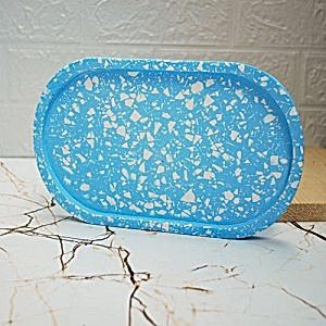 Mavi  Terrazzo Beton Döküm Oval Sunum Tabağı Veya Terrazo Mum Tabağı 24 Cm