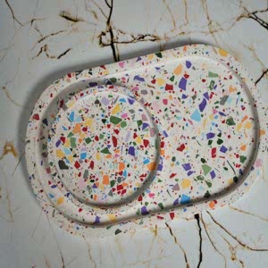 Terrazzo 2'li Beton Döküm Oval Sunum Tabağı Veya Terrazo Mum Tabağı 24 cm