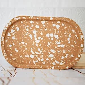 Camel Terrazzo Beton Döküm Oval Sunum Tabağı Veya Terrazo Mum Tabağı 24 cm