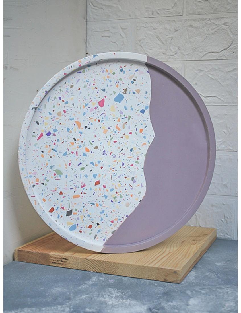 Çift Renk Terrazzo Tepsi Terrazzo Beton Döküm Sunumluk Organizer 30 cm Pembe
