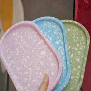 Mavi  Terrazzo Beton Döküm Oval Sunum Tabağı Veya Terrazo Mum Tabağı 24 Cm