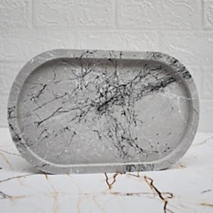 Gri Mermer Efekt Beton Döküm Oval Sunum Tabağı veya Mum Tabağı 24x15 cm