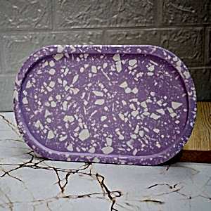 Lila Terrazzo Beton Döküm Oval Sunum Tabağı Veya Terrazo Mum Tabağı 24 Cm