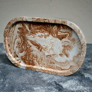Camel Mermer Efekt Beton Döküm Oval Sunum Tabağı Veya Mum Tabağı 24x15 Cm