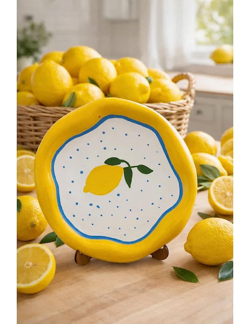 dekoratif limon desenli cozy tarz tabak, limon desenli sunum tabağı